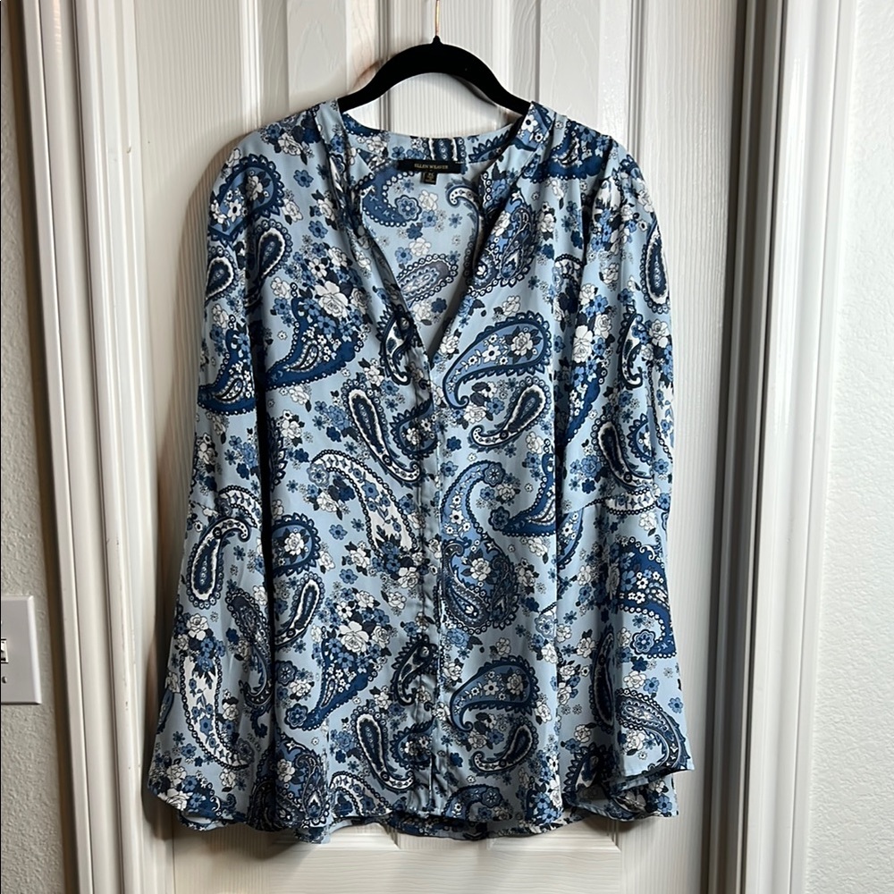 Blue Long Sleeve Buttoned Blouse with Mandarin Collar